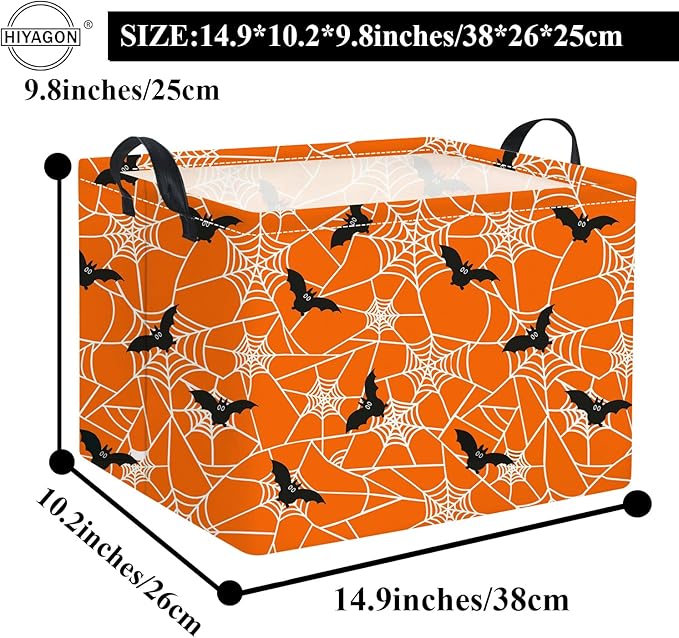 Orange rectangular Halloween basket with black bat and spiderweb pattern, size diagram