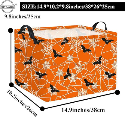 Orange rectangular Halloween basket with black bat and spiderweb pattern, size diagram