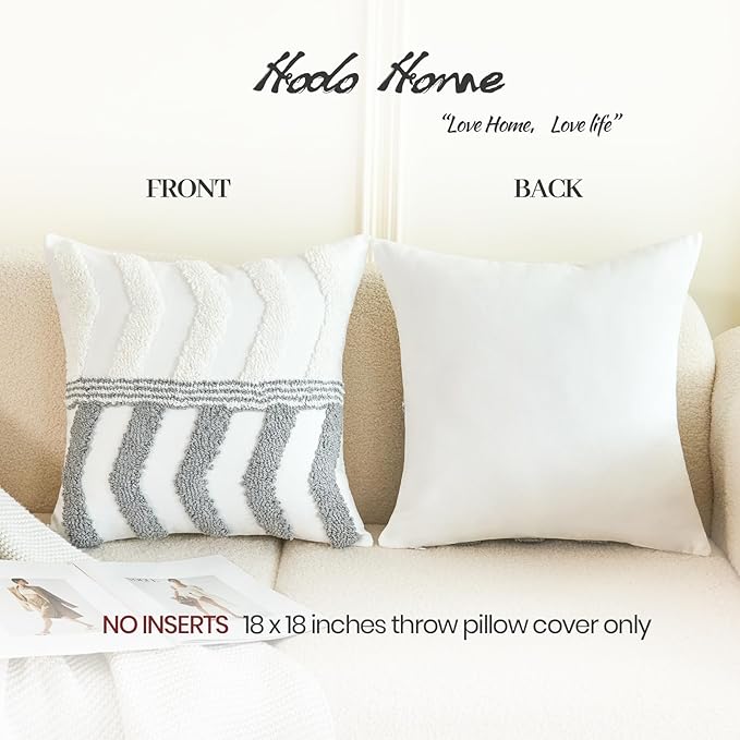 Pair of white pillow covers: one with gray arch stripes, one solid back