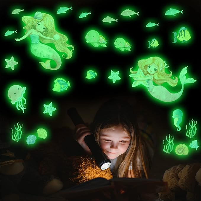 Glow in the Dark Mermaid Wall Decals – 68 Pcs Ocean Stickers | Mermaid Turtle Seahorse Jellyfish Starfish | Peel & Stick Ceiling Wall | Nursery Playroom Bedroom Gift