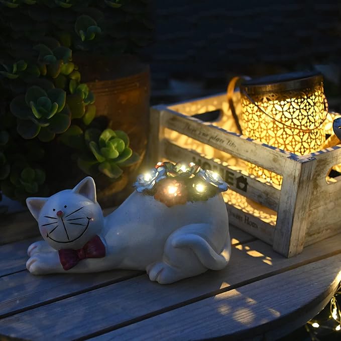 Cat Solar Garden Statue with Succulent and LED Lights - Waterproof Resin Outdoor Decor