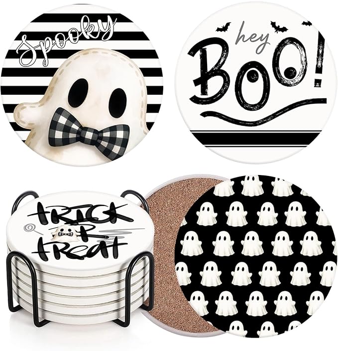 Set of 6 round ceramic Halloween coasters with cork bases in black metal holder
