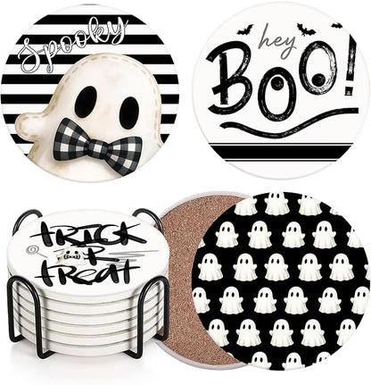 Set of 6 round ceramic Halloween coasters with cork bases in black metal holder