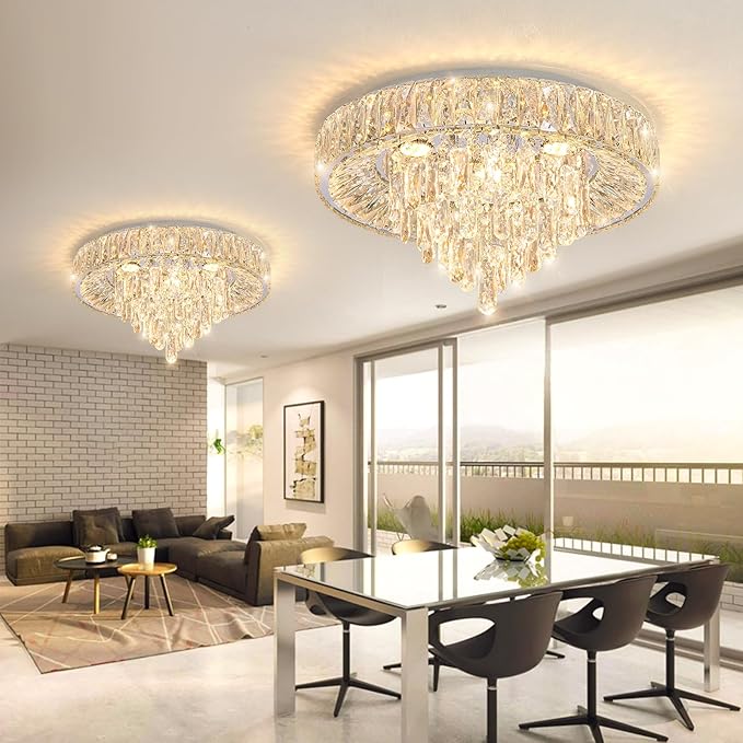 Ceiling crystal chandelier flush mount with clear crystals and a chandelier-style drop ring