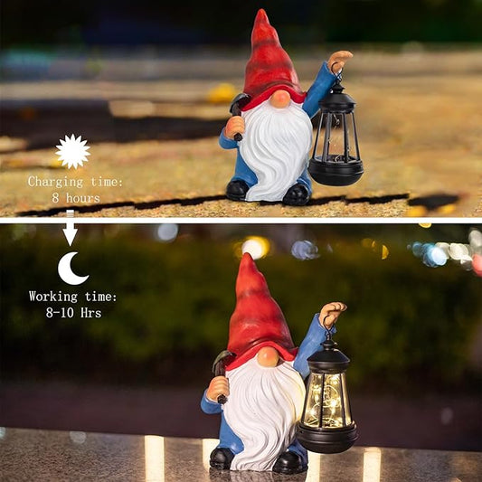 Garden gnome solar light statue holding a black lantern, warm glow