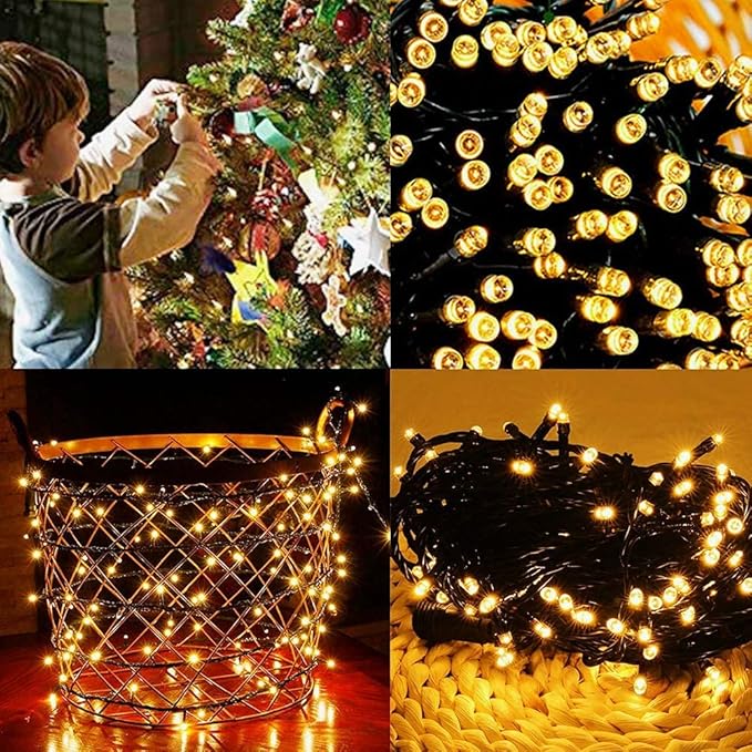 Warm white mini LED string lights with green wire, round bulbs in dense curtain shape