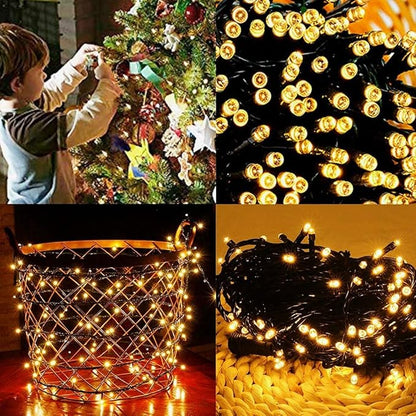 Warm white mini LED string lights with green wire, round bulbs in dense curtain shape