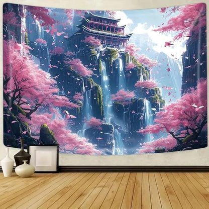 Japanese Cherry Blossom Tapestry – 90"x70" | HD Print Pink Sakura Mountain Waterfall Fairytale | Asian Aesthetic Wall Hanging for Bedroom & Living Room