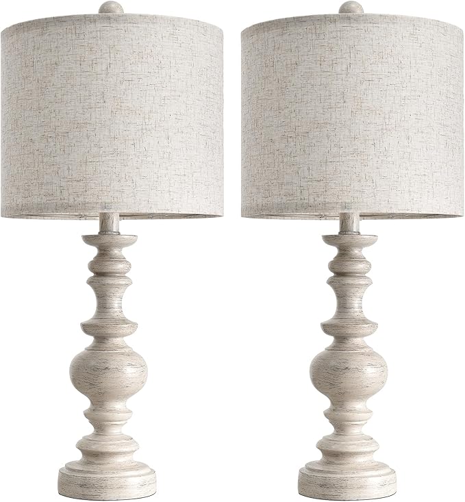 Set of two table lamps with gray linen drum shades and light whitewashed resin pedestal bases