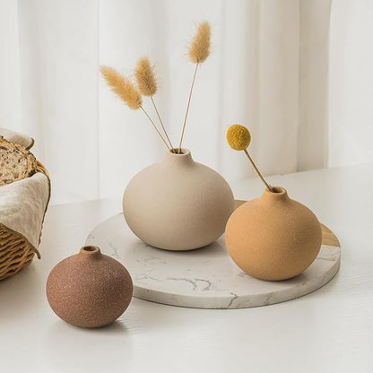 Set of 3 matte ceramic bud vases holding dried floral stems on a round tray