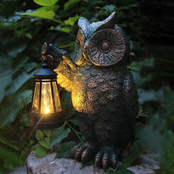 Solar Owl Garden Statue Holding Lantern - Realistic Resin Evening Gathering and Pathway Decor