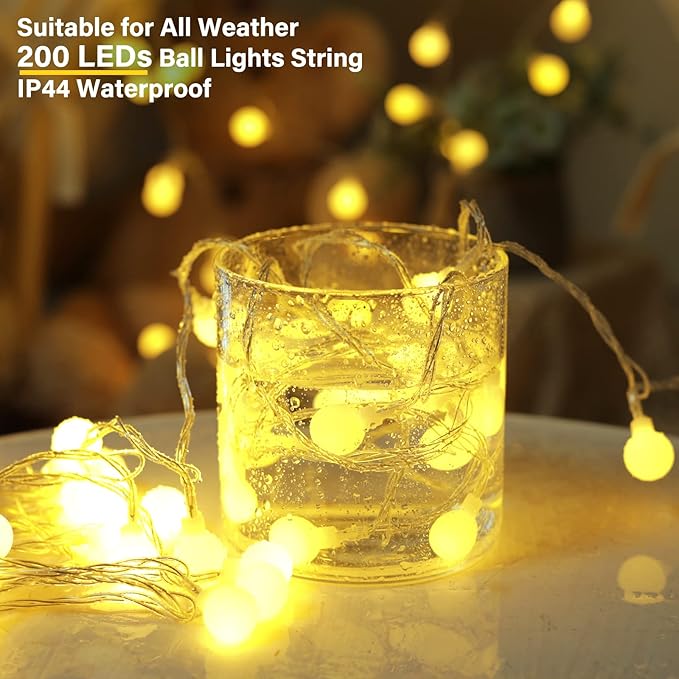 Mini Globe String Lights – 66ft 200 LED Warm White | IP44 Waterproof | Remote & Timer | Indoor Outdoor Party Wedding Garden Christmas