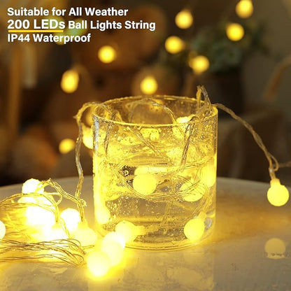 Mini Globe String Lights – 66ft 200 LED Warm White | IP44 Waterproof | Remote & Timer | Indoor Outdoor Party Wedding Garden Christmas