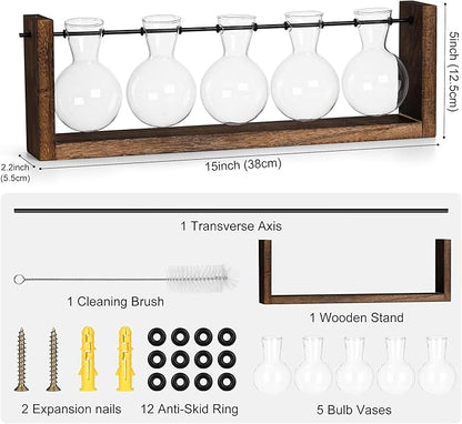 15-inch plant propagation station with clear glass bulb vases on brown wooden frame