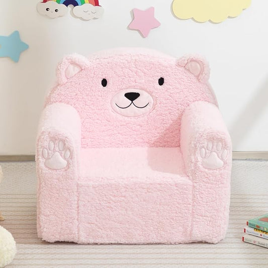 Pink plush bear toddler sofa chair with rounded arms and paw-print details