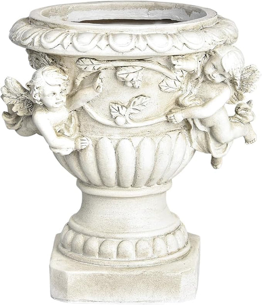 White resin cherub angel urn planter with raised leaf relief and round bowl