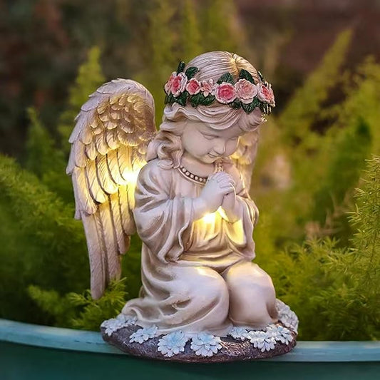 Solar Praying Angel Garden Statue - Kneeling White Resin Sculpture with Warm Chest and Wing Light for Lawn, Patio, Yard, and Balcony