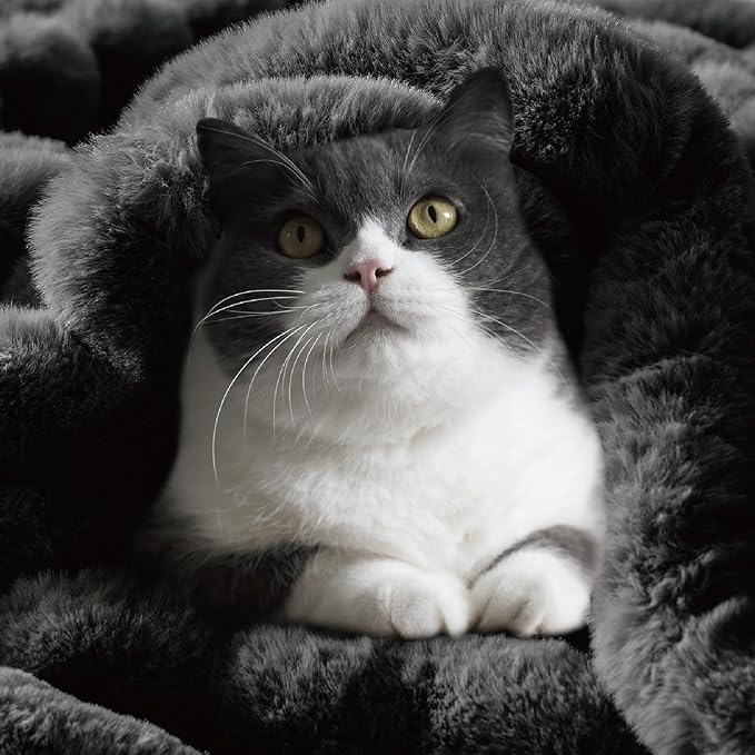 Black Faux Rabbit Fur Throw Blanket – 50"x60" | 770GSM Double-Sided Luxury Fluffy Blanket | 3D Striped Plush Couch Throw for Men & Women