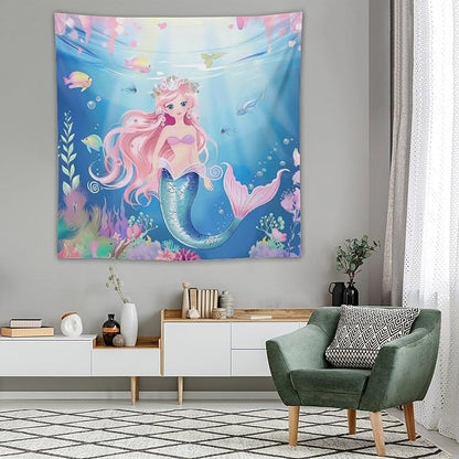 Mermaid Princess Wall Tapestry – 60" x 60" Square Watercolour | Symmetrical Girls Bedroom Decor | Wall Hanging | Dorm Living Room Kids Room