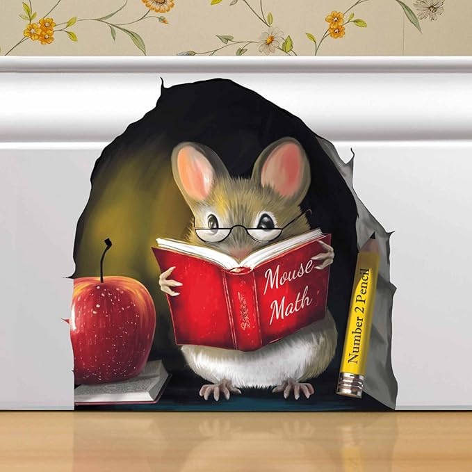 Cute mouse wall sticker reading a red book beside a red apple and yellow pencil.