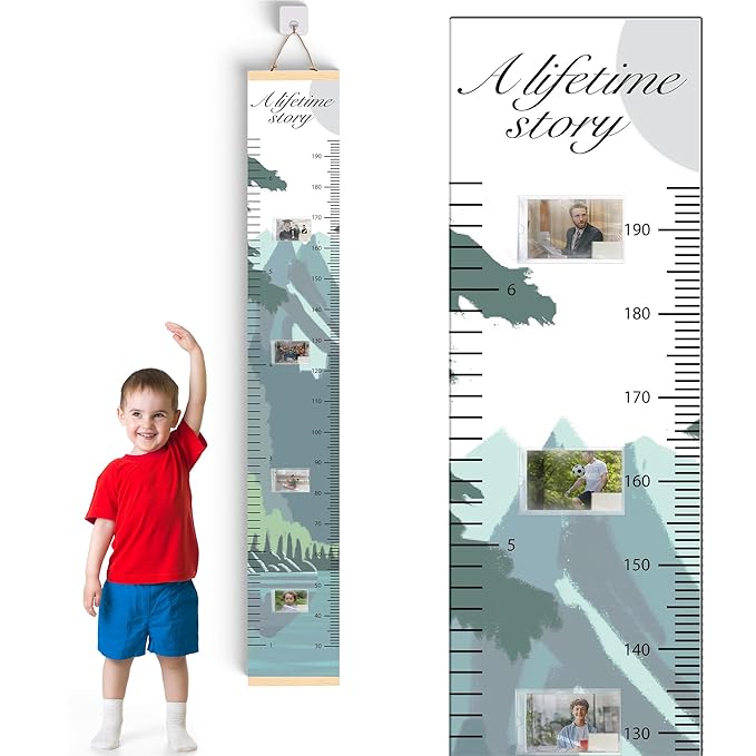 Personalized height growth chart with 'A Lifetime story' text, ruler scale, mountain scene.