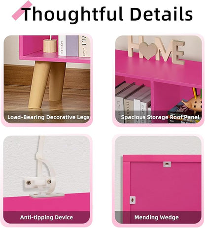 Hot Pink 10-Cube Bookcase with Wood Legs - 3-Tier Mid-Century Wide Freestanding Display Shelf for Girls Room, Bedroom, and Bold Home Office