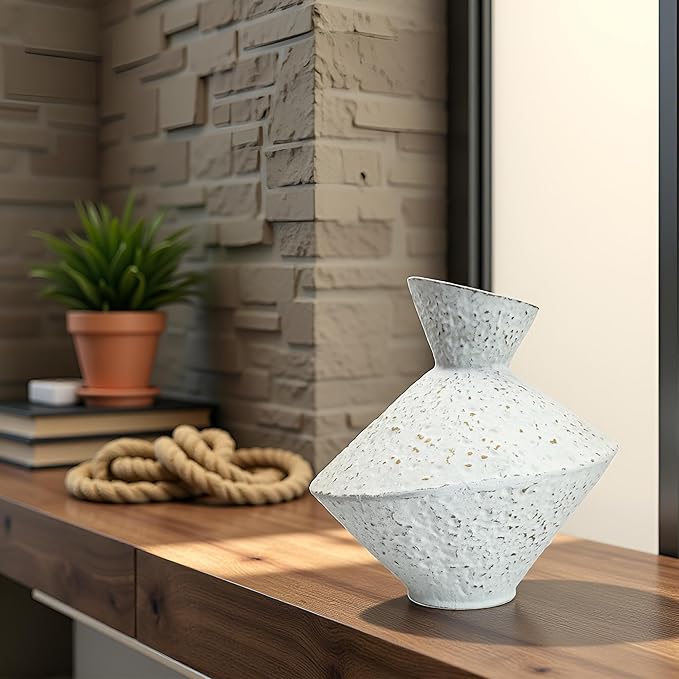 White hammered cast iron vase with angled neck, speckled finish, small tabletop