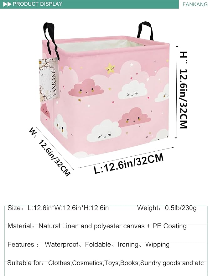 Pink Cloud Canvas Storage Bin - Foldable Waterproof Nursery Basket for Girls Room, Toys, and Baby Shower Gifts