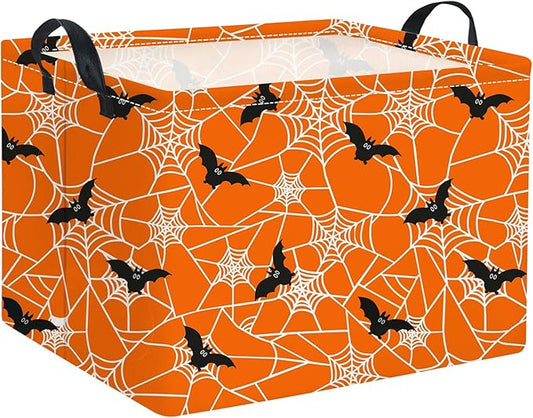 Orange rectangular Halloween storage basket with black bat and spiderweb pattern, two handles