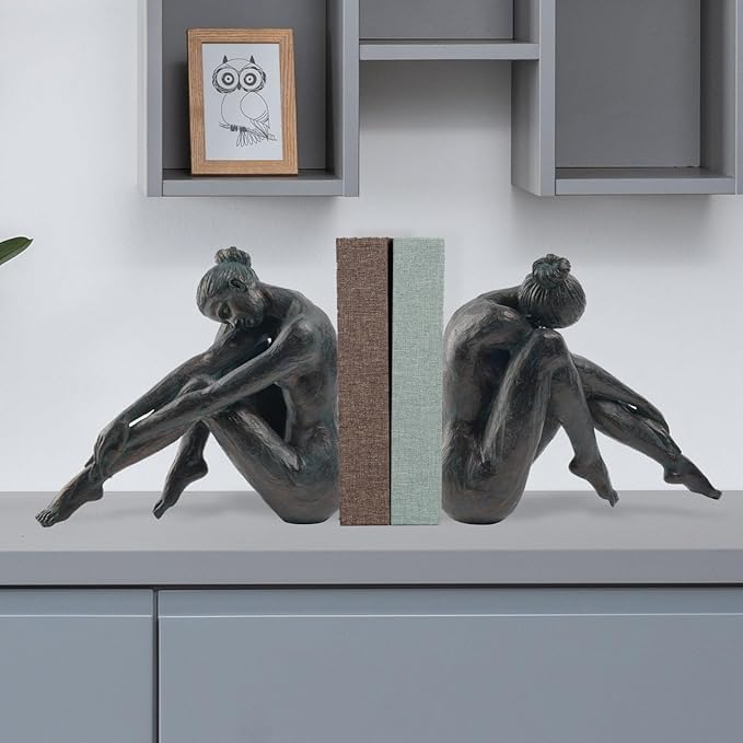 Guichifun seated woman statue with dark bronze finish, shown from front and back