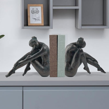 Guichifun seated woman statue with dark bronze finish, shown from front and back