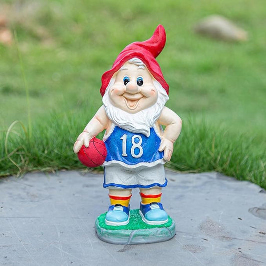 Garden gnome resin statue with red hat, blue jersey, holding basketball, number 18