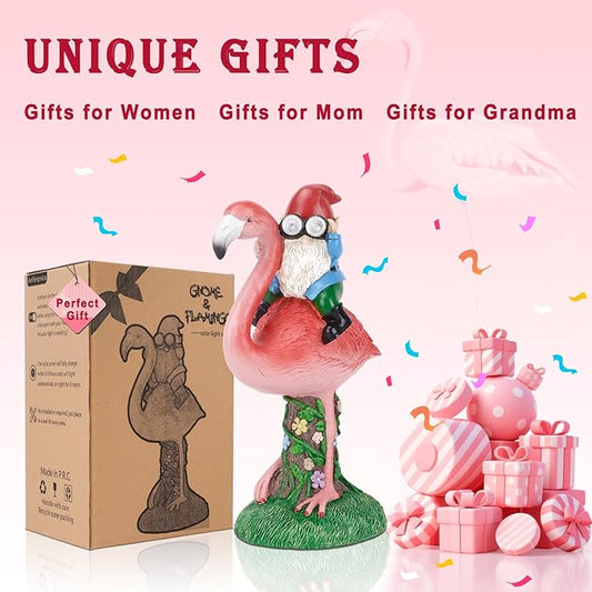 Flamingo gnome solar garden statue with glowing blue lantern shown with gift packaging