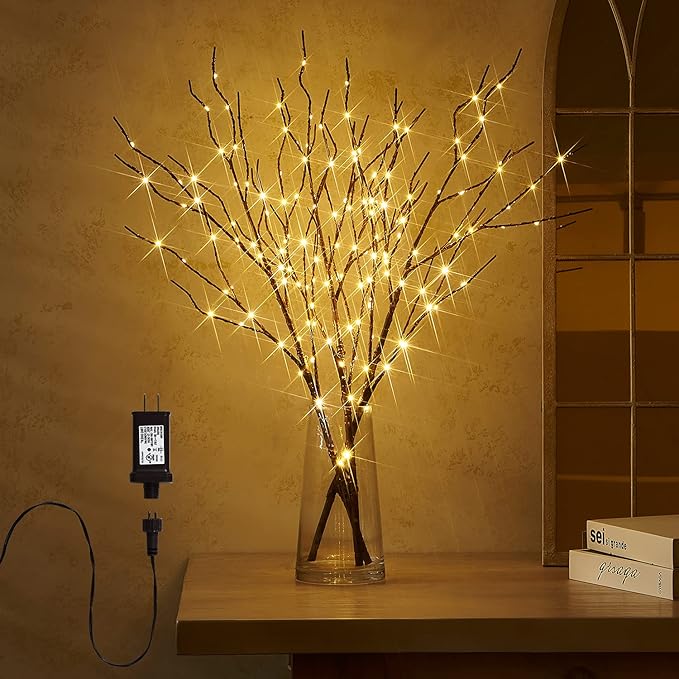 Lighted Twig Branch for Vase – 32" 150 LED Warm White | Flexible Willow Branches Timer & Dimmer | Wedding Centrepiece Christmas Holiday Party Decor