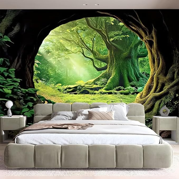 Misty Forest Tree Cave Tapestry – 79"x59" | HD Print Jungle Sunshine Through Trees | Ethereal Nature Wall Hanging for Bedroom Living Room & Office