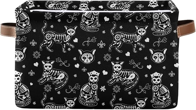 Black collapsible storage basket with cat skeleton pattern and tan side handles