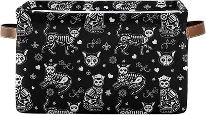 Black collapsible storage basket with cat skeleton pattern and tan side handles