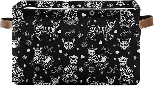 Black collapsible storage basket with cat skeleton pattern and tan side handles