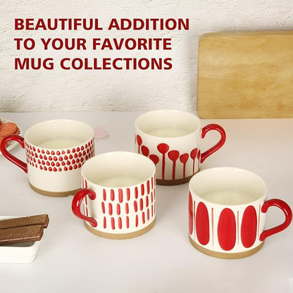 Hand-painted ceramic mugs set, white with red designs and red handles