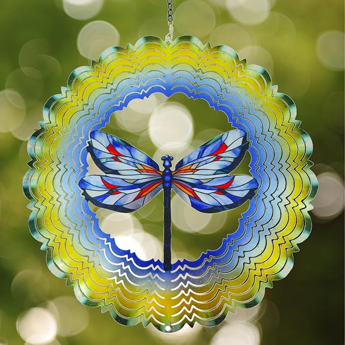 Hanging 3D dragonfly wind spinner with blue and red wings, scalloped round frame