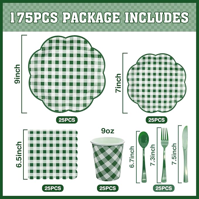 Green-and-white gingham 175-piece picnic tableware set layout with plates, cups, and cutlery