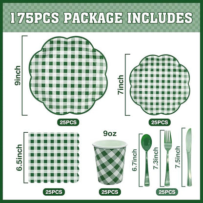 Green-and-white gingham 175-piece picnic tableware set layout with plates, cups, and cutlery