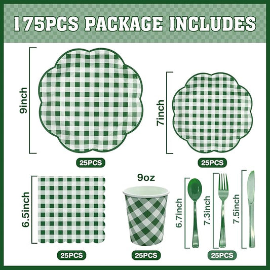 Green-and-white gingham 175-piece picnic tableware set layout with plates, cups, and cutlery