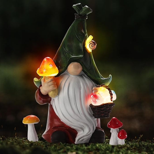 Solar gnome garden statue with glowing LED mushrooms and basket, green hat and white beard