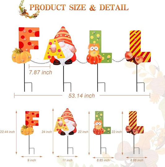 Four fall metal yard stakes with LED lights, gnome and owl cutouts plus striped letter shapes