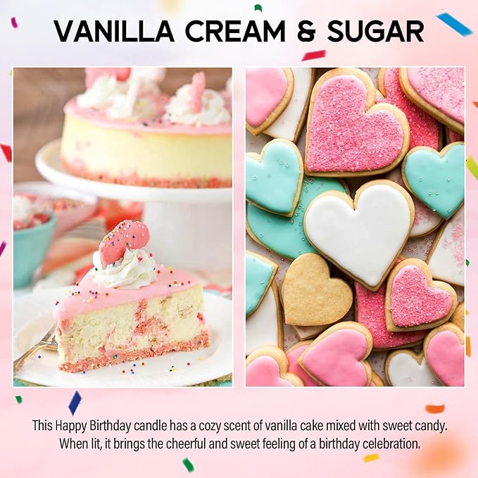 Vanilla cream & sugar birthday candle scent graphic with cake and heart-shaped cookies