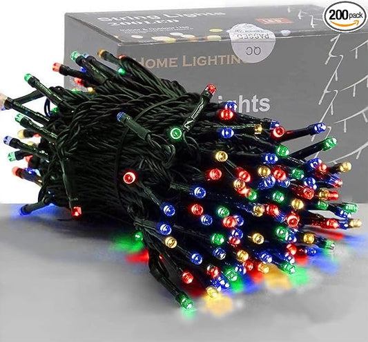 Multi-color mini Christmas string lights with green wire, bundled close-up