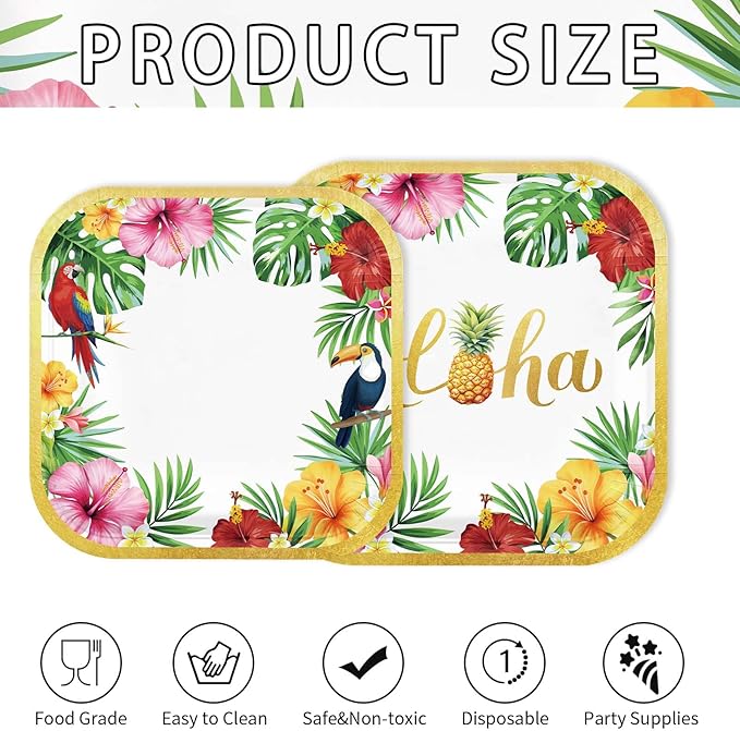 Aloha hibiscus and palm leaf paper tray-style plate with gold scalloped border
