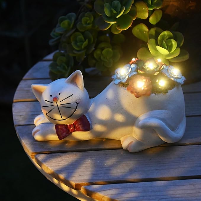 Cat Solar Garden Statue with Succulent and LED Lights - Waterproof Resin Outdoor Decor