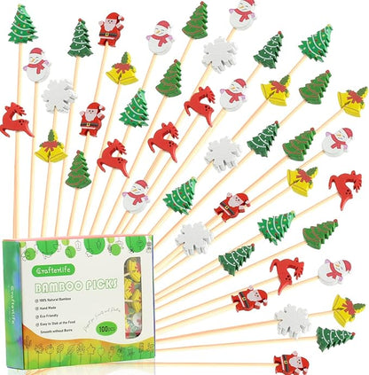 Christmas Cocktail Picks & Decorative Toothpicks, 5-Inch, 100 Count – Tree, Snowman, Elk & Snowflake Fruit, Dessert, Sandwich, Appetizer & Charcuterie Skewers for Themed Parties